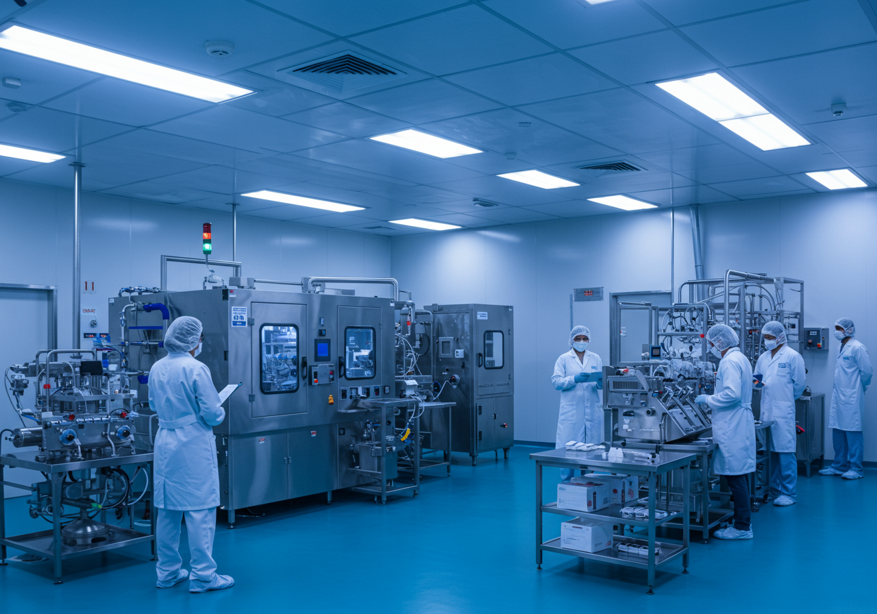 Modern pharmaceutical manufacturing facility in India — gleaming production lines, precision engineering